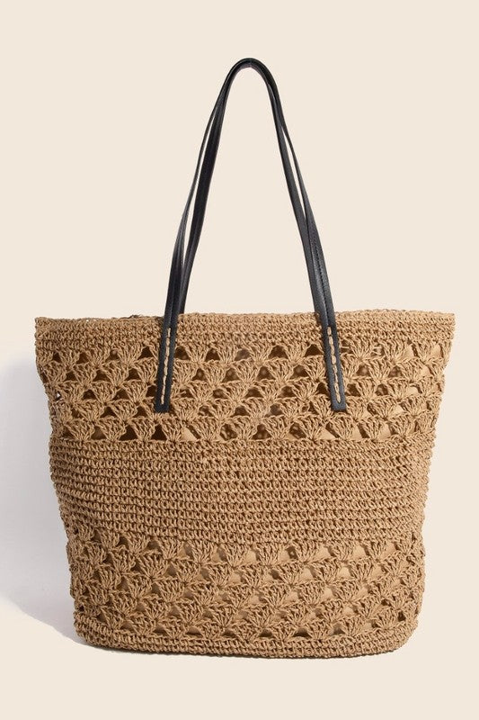 Fame Faux Leather Handle Knitted Tote Bag - MyEmpired