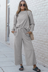 Double Take Full Size Textured Long Sleeve Top and Drawstring Pants Set - MyEmpired