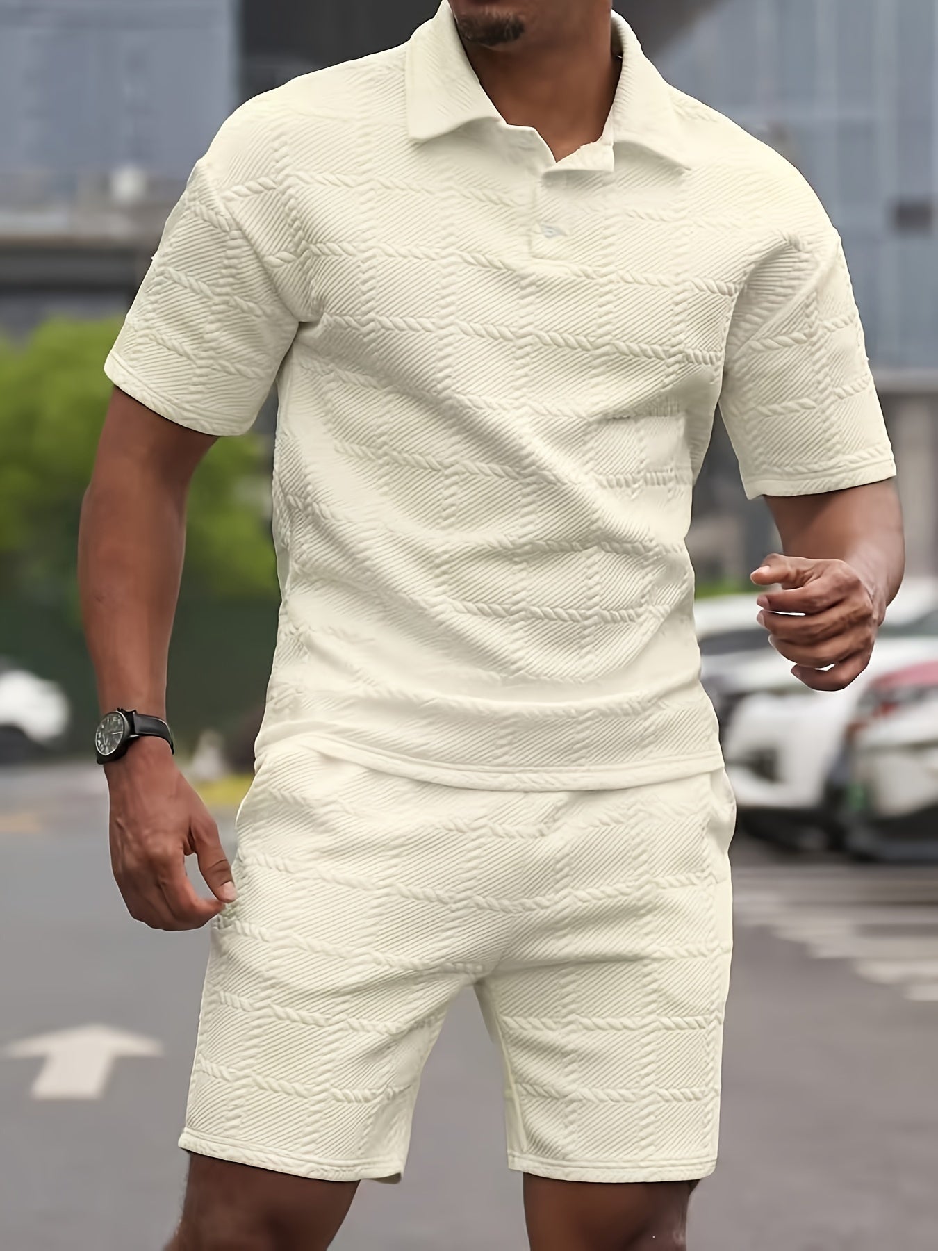 2-piece Men's Solid Textured Design Summer Outfit Set