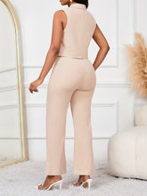Solid Color Elegant Pantsuits, Button Front Lapel Collar Crop Sleeveless Blazer & High Waist Pants Outfits, Women&