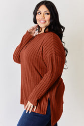 Basic Bae Full Size Ribbed Half Button Long Sleeve High-Low T-Shirt - MyEmpired