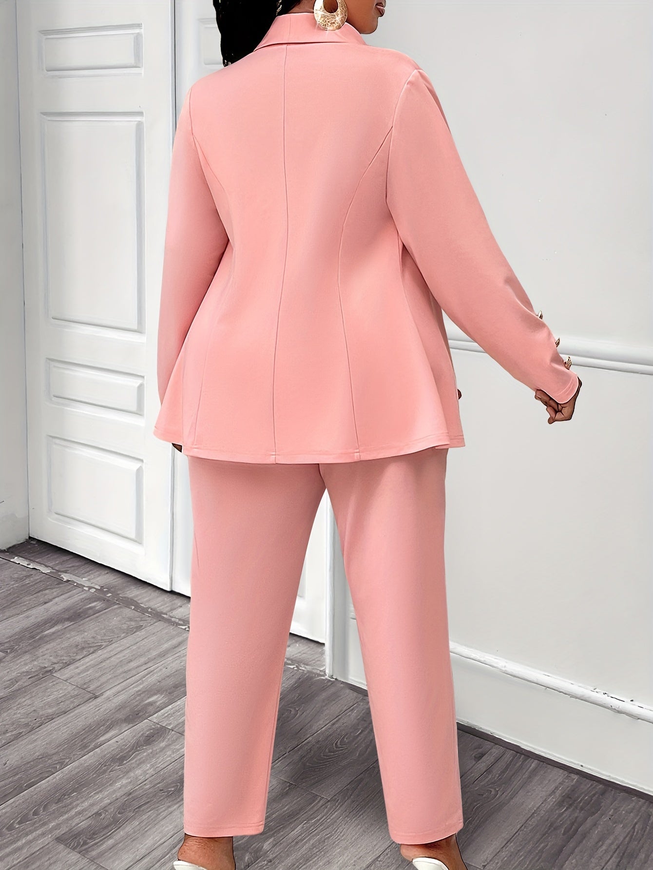 Plus Size Women's Suit Set, Elegant Solid Color Blazer and Trousers, Polyester Knit Fabric, Long Sleeve, Button Detail, Stretchy, Autumn/Winter Collection