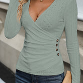 Surplice Neck Eyelet Skinny Top, Elegant Side Button Long Sleeve Top For Spring & Summer, Women&