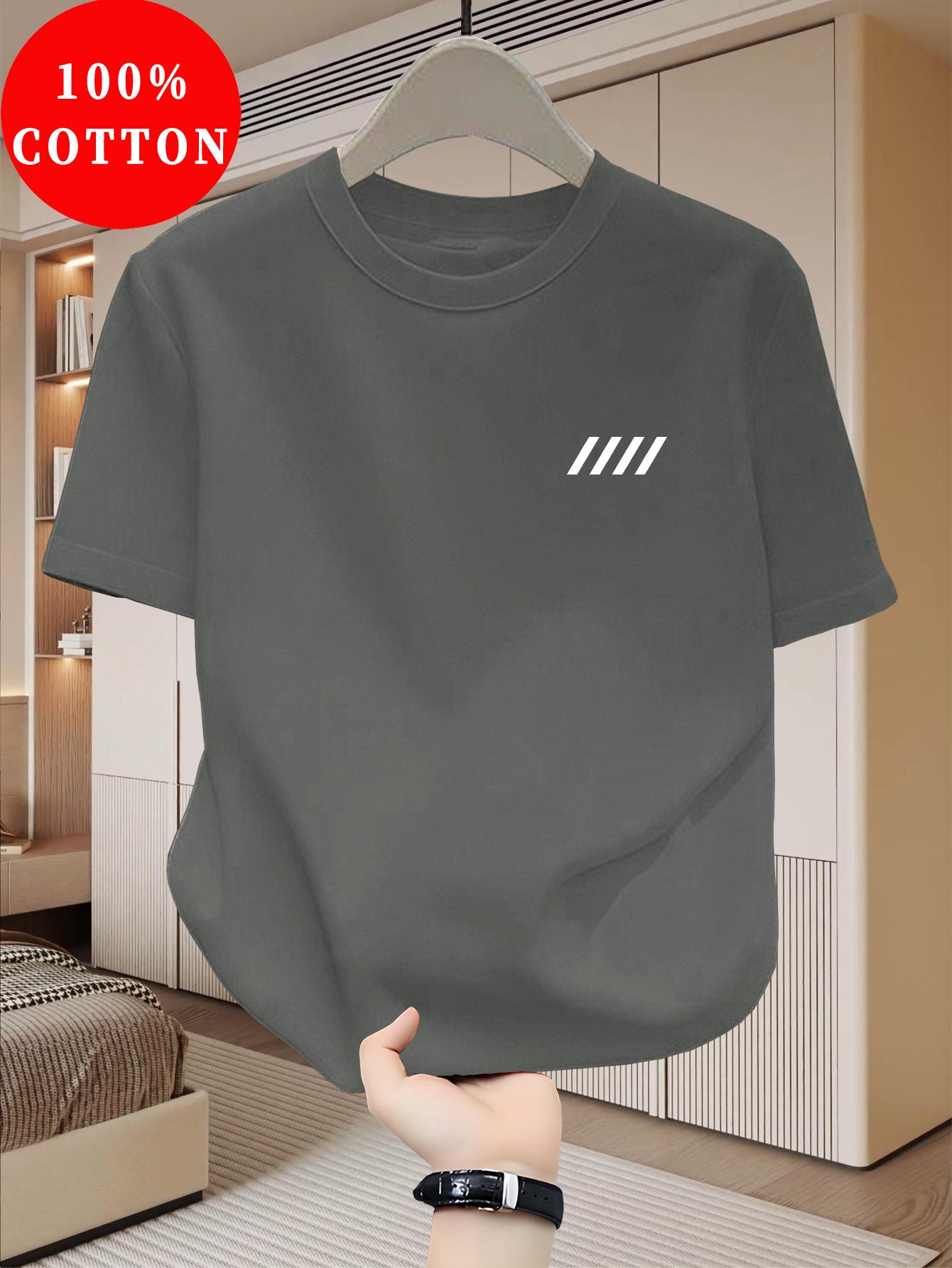 Men's 100% Cotton T-Shirt, Simple Print Design, Basic Cotton Top for Men, Suitable for Daily Summer Wear