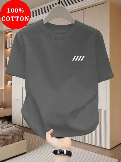 Men's 100% Cotton T-Shirt, Simple Print Design, Basic Cotton Top for Men, Suitable for Daily Summer Wear