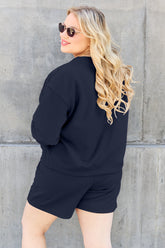 Double Take Full Size Texture Long Sleeve Top and Drawstring Shorts Set - MyEmpired