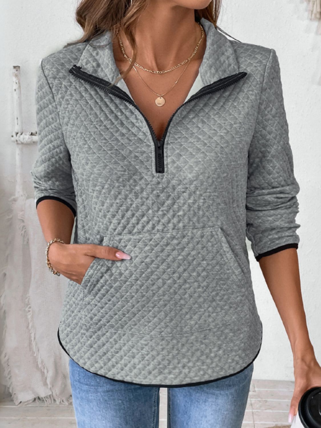 Perfee Texture Half Zip Long Sleeve Sweatshirt - MyEmpired