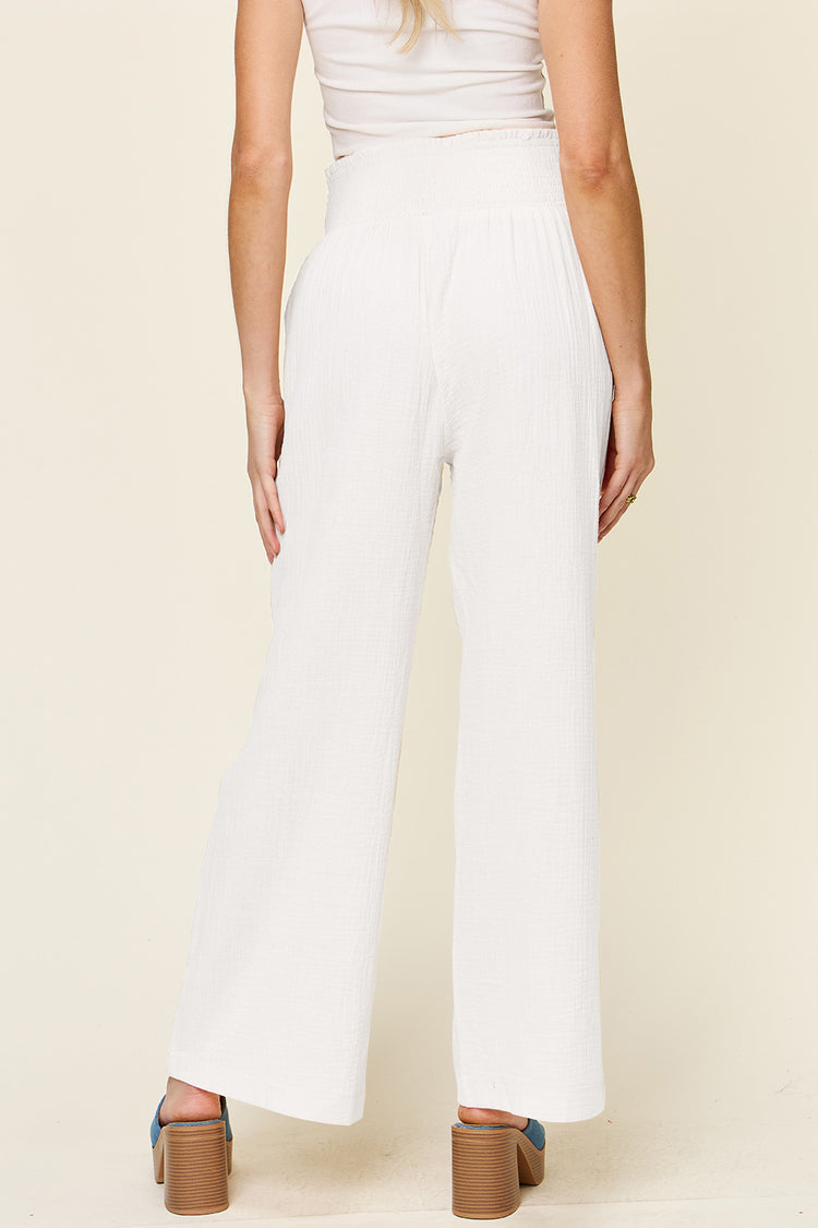 Double Take Full Size Texture Smocked Waist Wide Leg Pants - MyEmpired