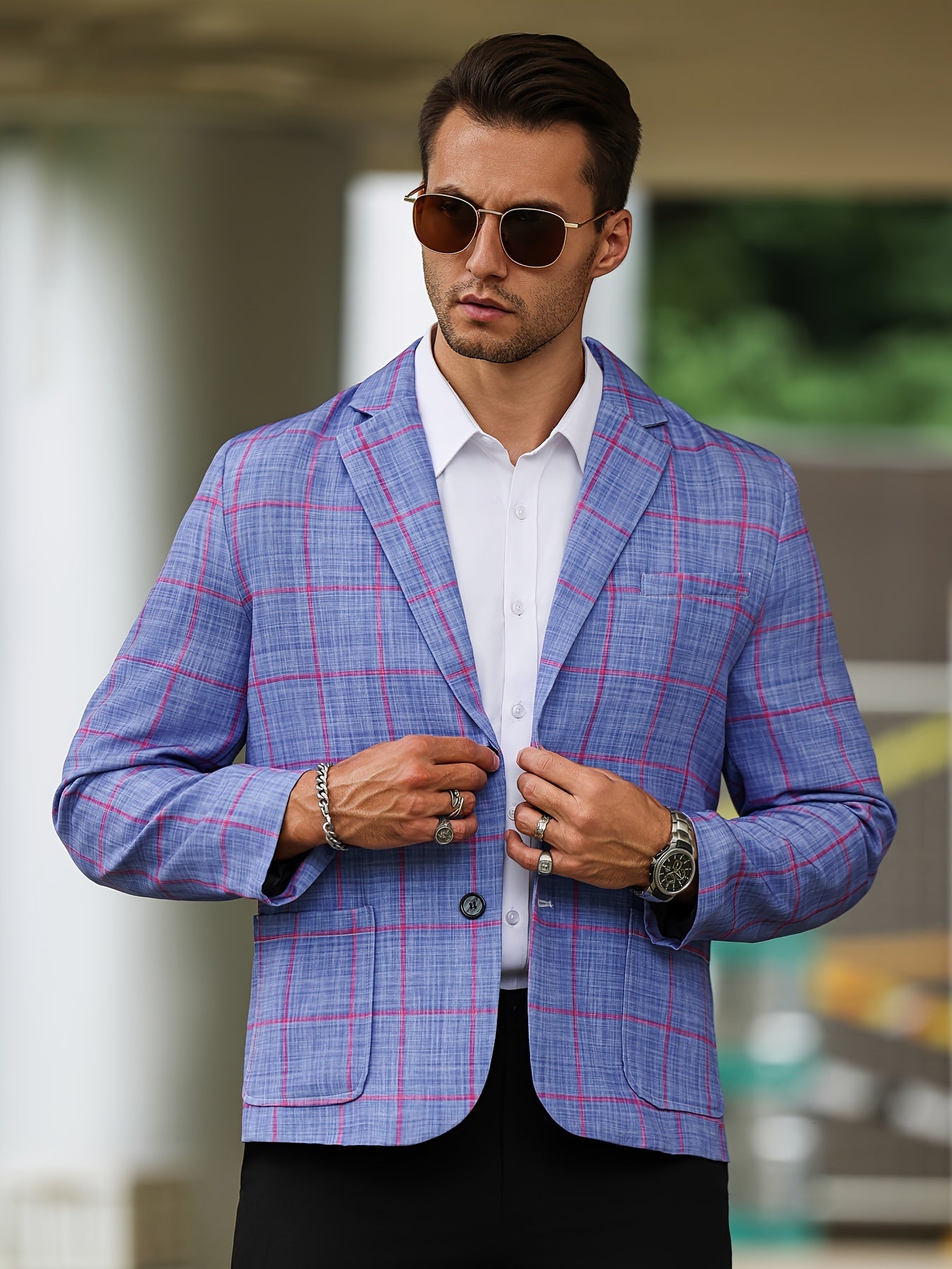 Men's Plaid Blazer, Notch Lapel Collar Two Button Suit Jacket, Male's Leisure Fashion For Business And Party Wear