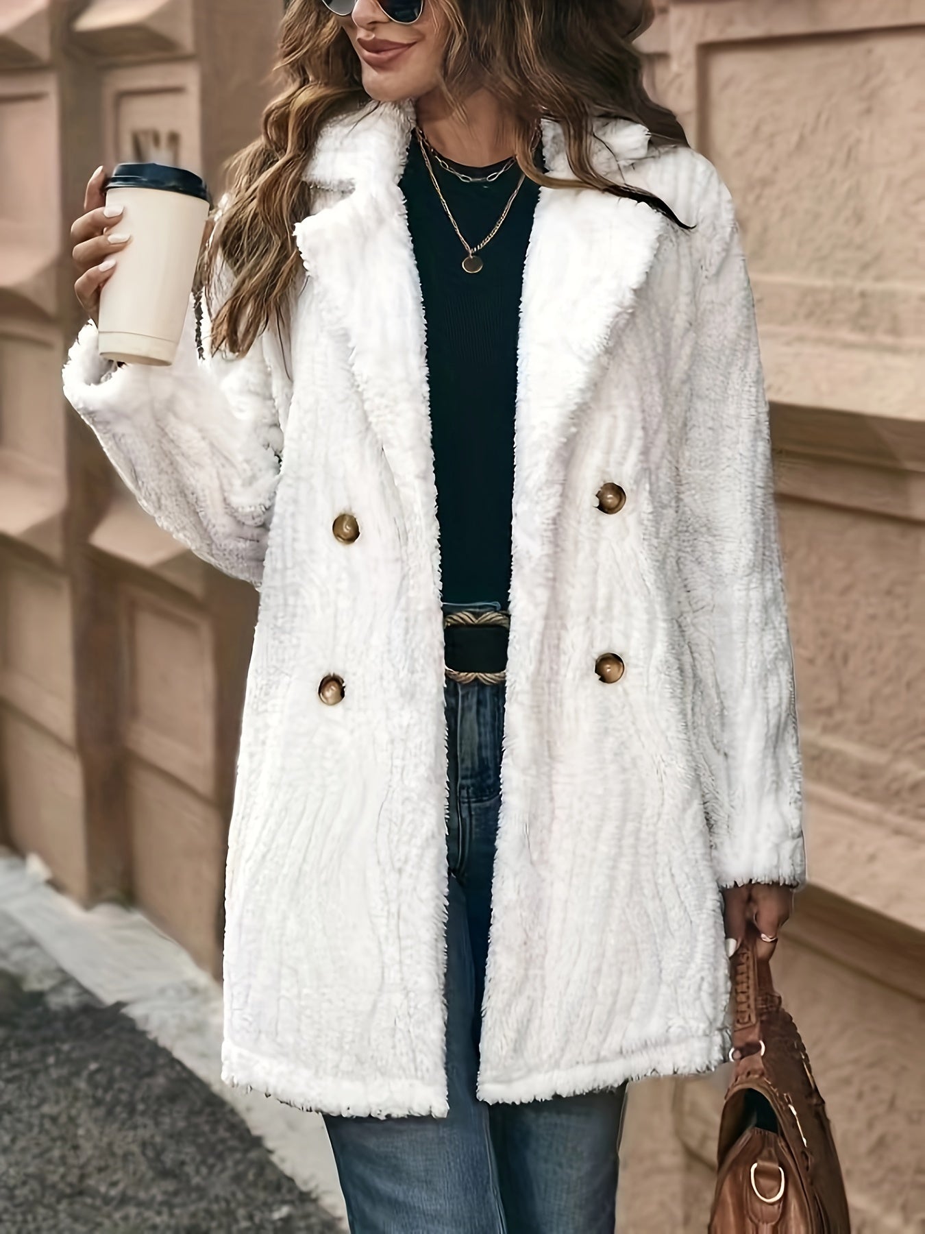 Double-breasted Lapel Teddy Coat, Elegant Solid Color Long Sleeve Textured Fluffy Coat For Winter, Women's Clothing