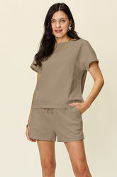 Double Take Full Size Texture Short Sleeve T-Shirt and Drawstring Shorts Set - MyEmpired