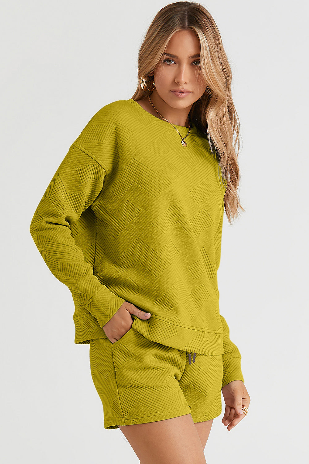 Double Take Full Size Texture Long Sleeve Top and Drawstring Shorts Set - MyEmpired