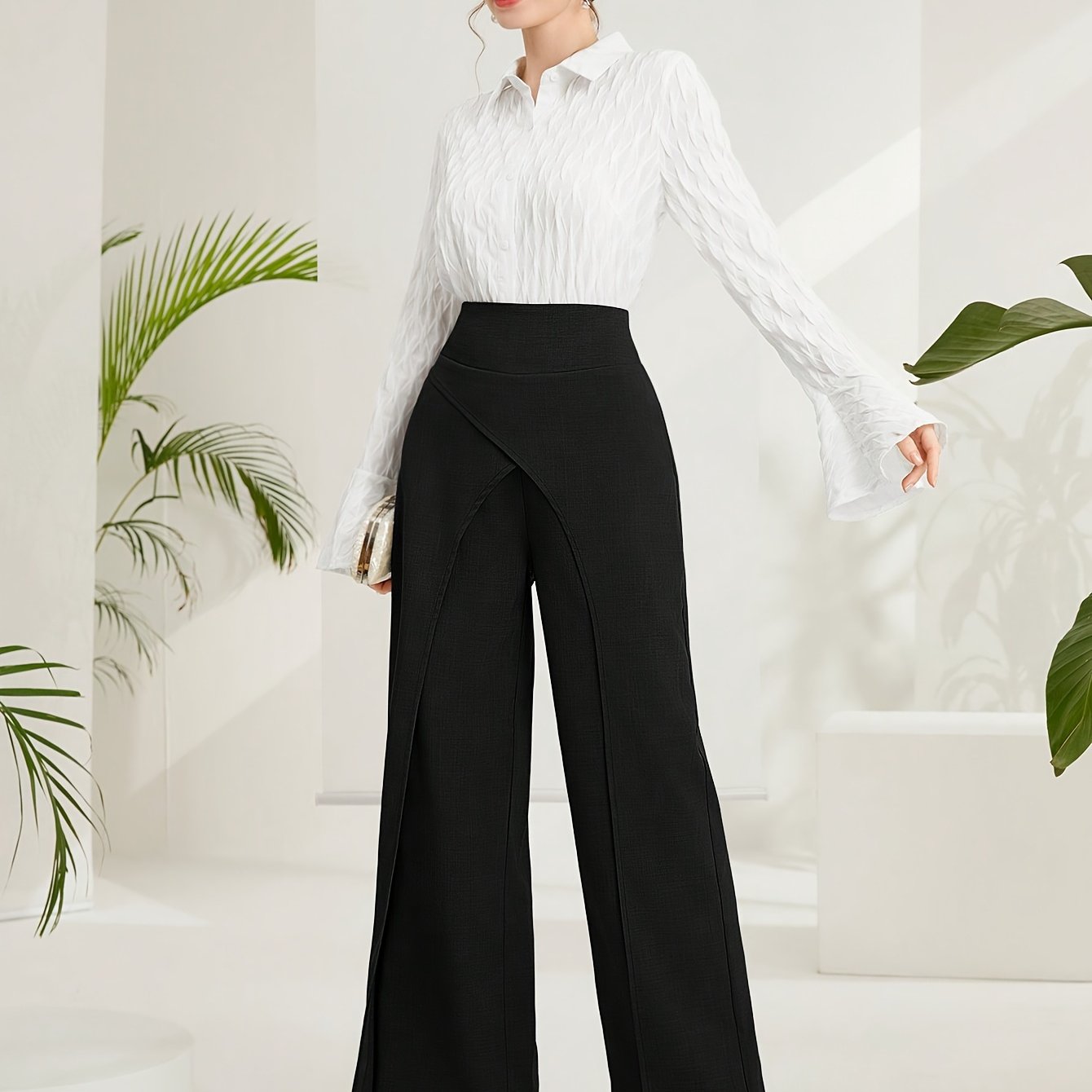 Solid Wide Leg Layered Pants, Elegant High Waist Loose Pants For Spring & Summer, Women&