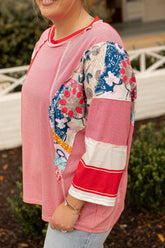 Plus Size Exposed Seam Printed Striped Round Neck Sweatshirt - MyEmpired