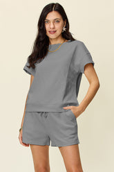 Double Take Full Size Texture Short Sleeve T-Shirt and Drawstring Shorts Set - MyEmpired