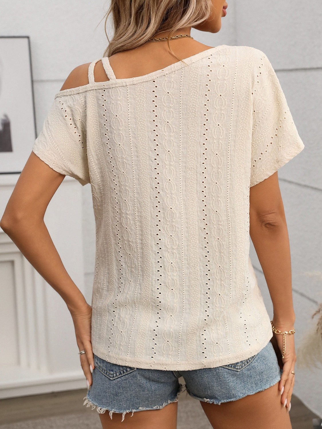Eyelet Asymmetrical Shoulder Short Sleeve T-Shirt - MyEmpired