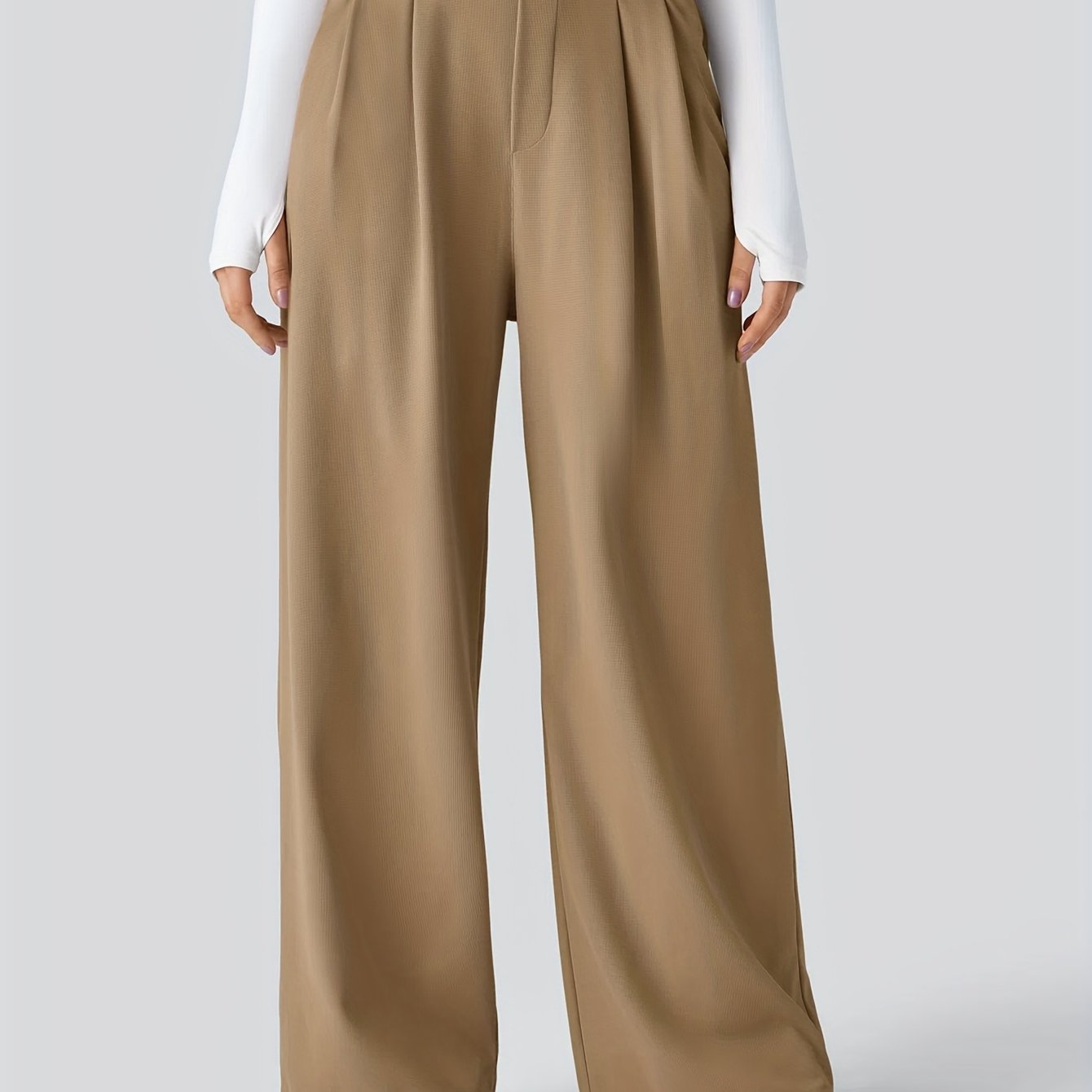 Solid Color Wide Leg Pants, Casual Pleated Loose Pants For Spring & Summer, Women&