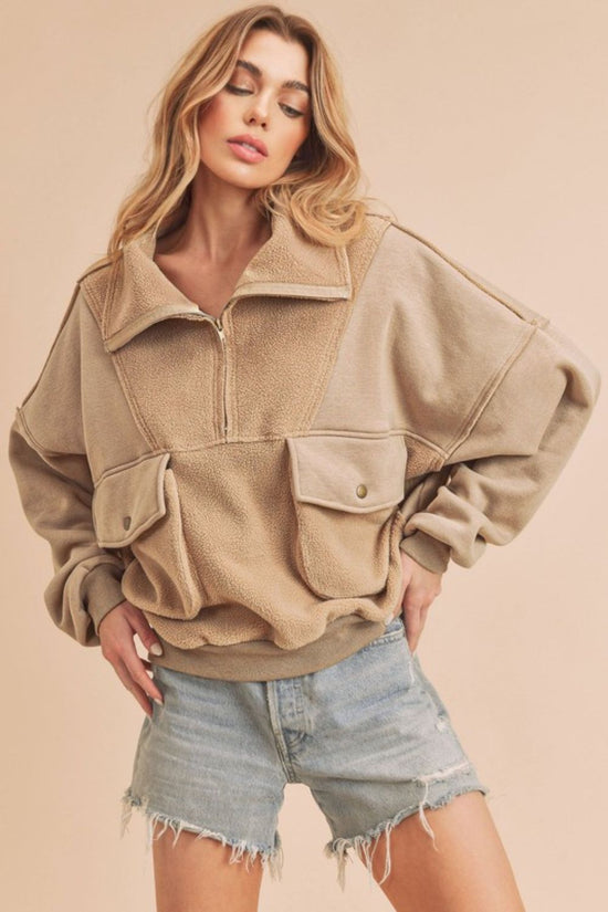 Aemi + Co Exposed Seam Half Zip Sweatshirt with Pockets - MyEmpired