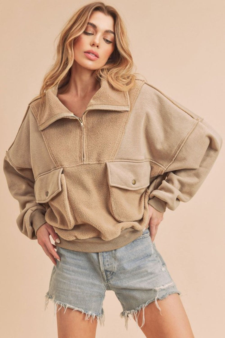 Aemi + Co Exposed Seam Half Zip Sweatshirt with Pockets - MyEmpired
