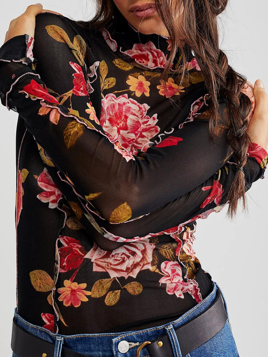 Floral Mock Neck Long Sleeve Top - MyEmpired