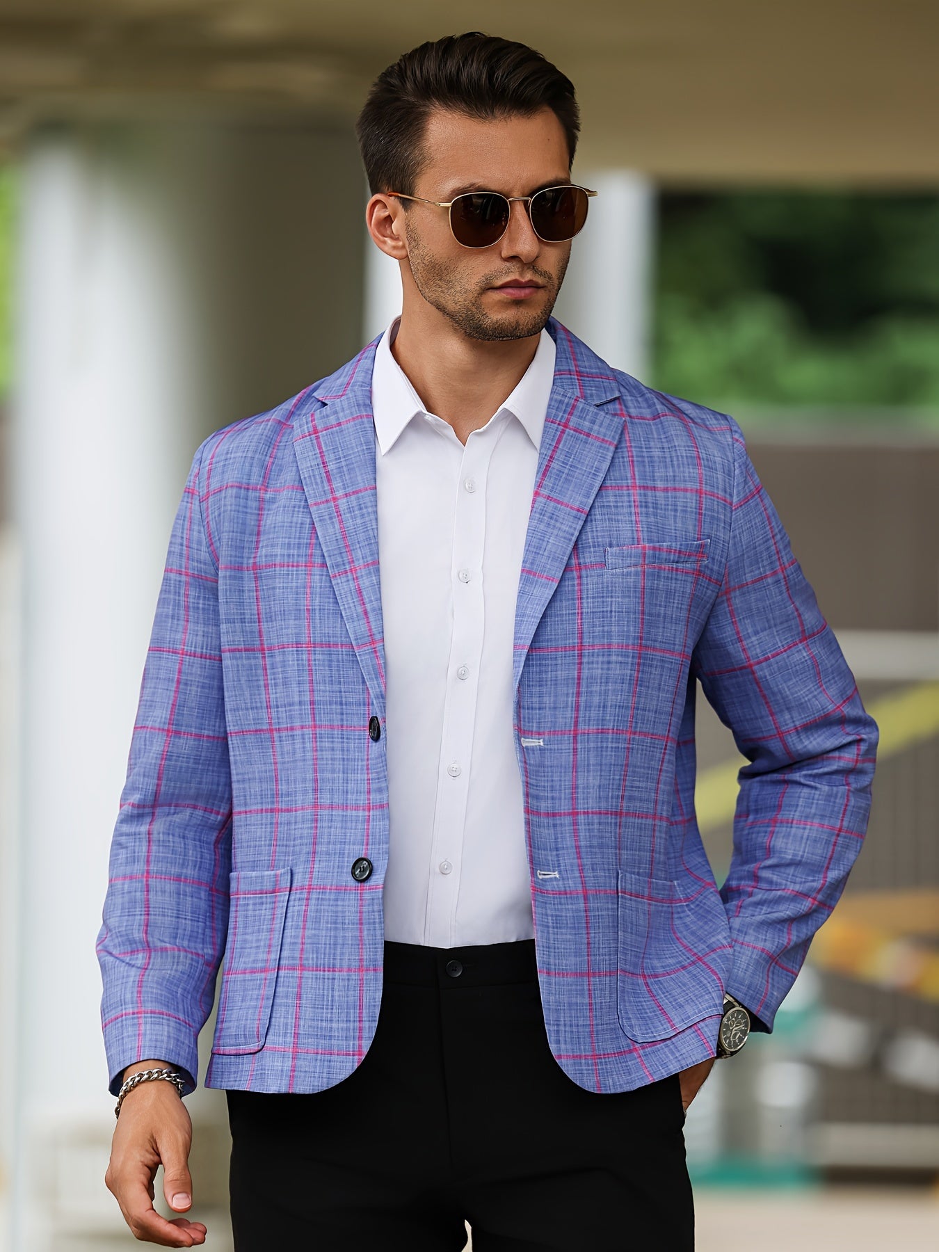 Men's Plaid Blazer, Notch Lapel Collar Two Button Suit Jacket, Male's Leisure Fashion For Business And Party Wear