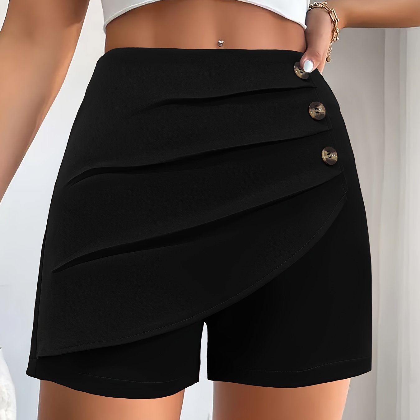 Solid Ruched High Waist Shorts, Casual Button Front Shorts For Spring & Summer, Women&