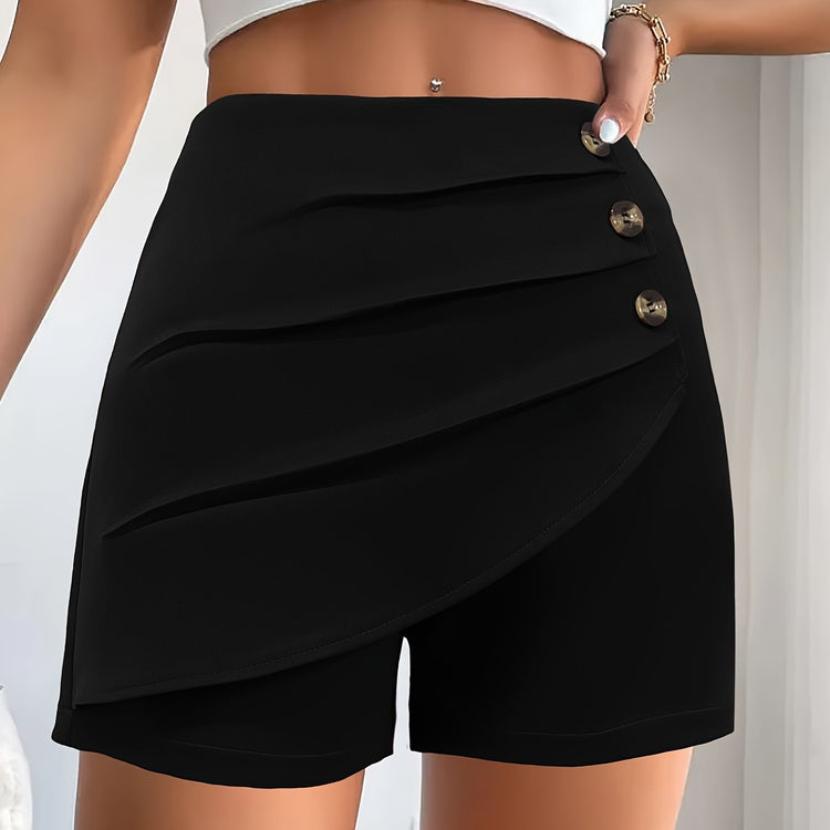 Solid Ruched High Waist Shorts, Casual Button Front Shorts For Spring & Summer, Women&