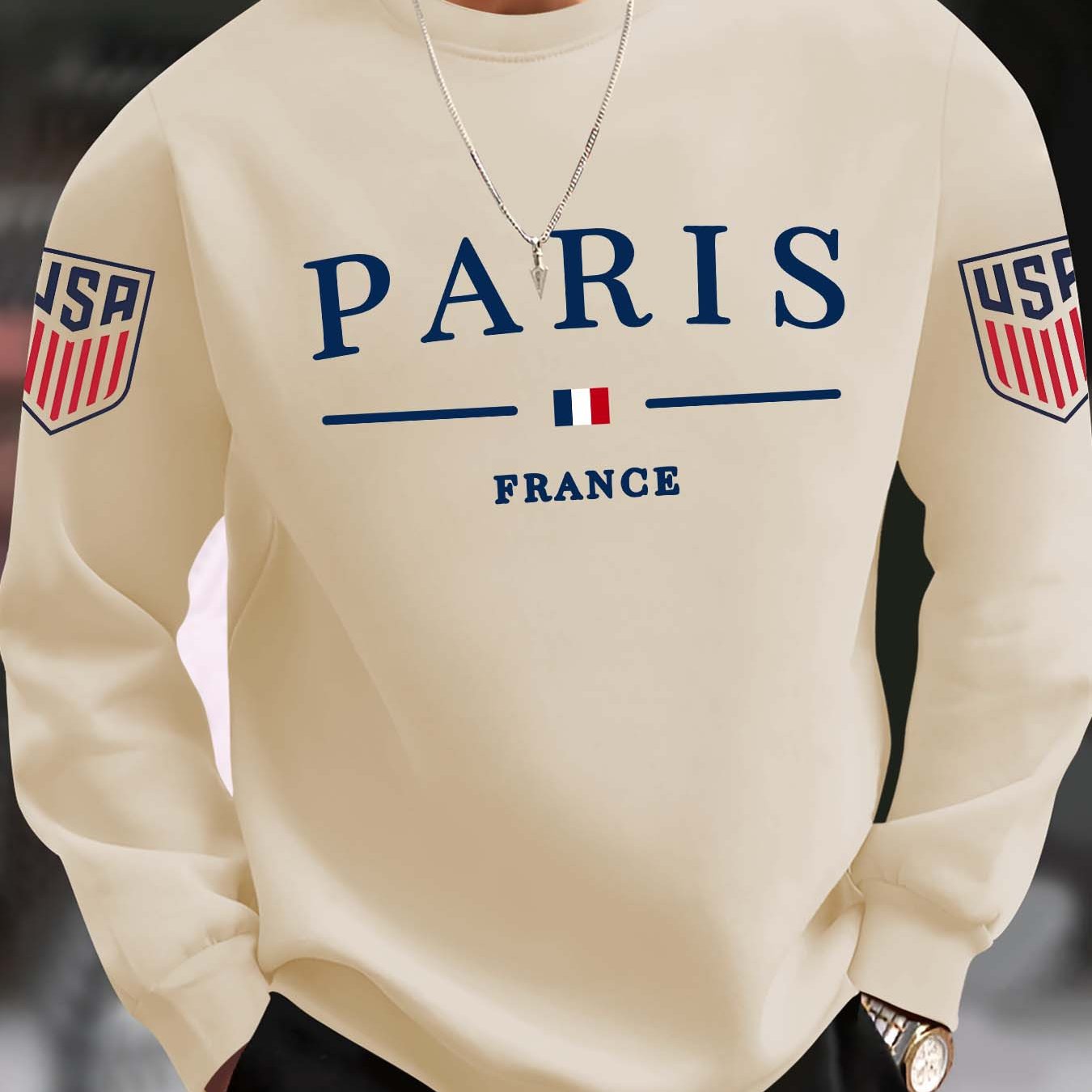 Paris Print Trendy Sweatshirt, Men's Casual Graphic Design Crew Neck Pullover Sweatshirt for Men Fall Winter