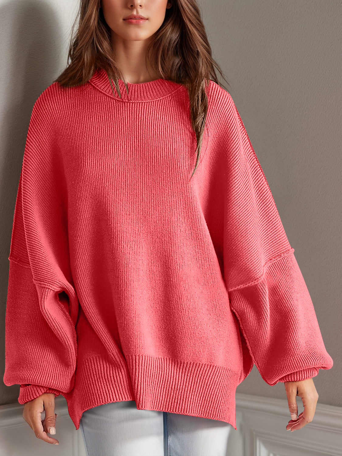 Double Take Side Slit Round Neck Long Sleeve Sweater - MyEmpired