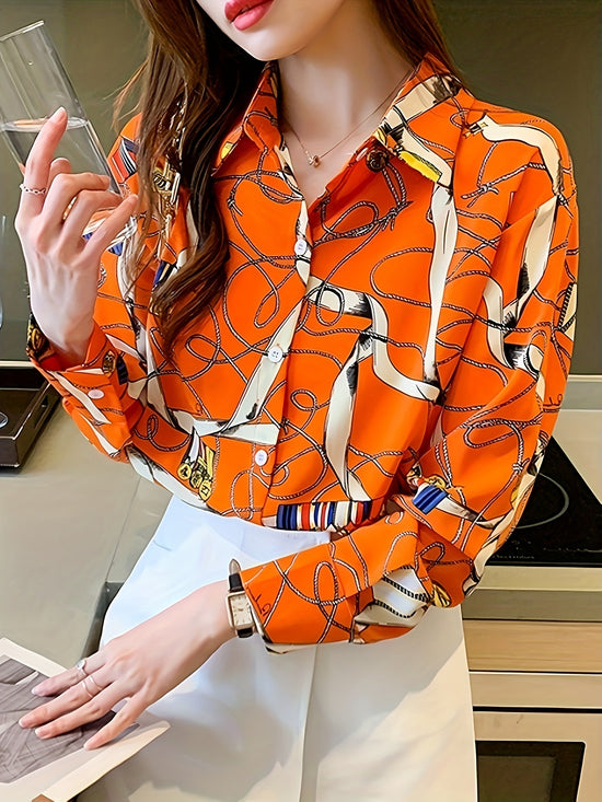 Graphic Print Button Front Shirt, Casual Long Sleeve Shirt For Spring, Women&