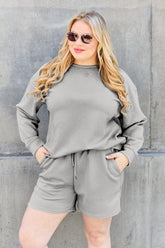 Double Take Full Size Texture Long Sleeve Top and Drawstring Shorts Set - MyEmpired