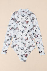 Printed Mock Neck Long Sleeve Bodysuit - MyEmpired