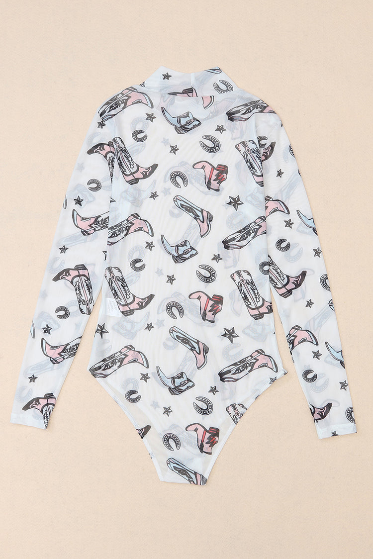 Printed Mock Neck Long Sleeve Bodysuit - MyEmpired