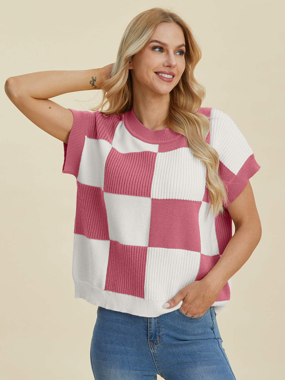 Double Take Full Size Checkered Round Neck Short Sleeve Sweater - MyEmpired