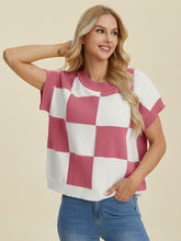 Double Take Full Size Checkered Round Neck Short Sleeve Sweater - MyEmpired