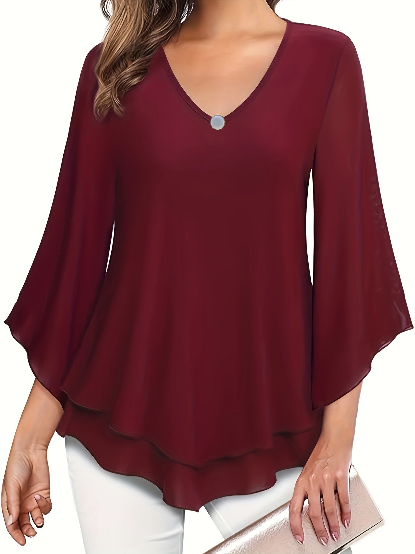 Solid Color V-neck Blouse, Casual Flare Sleeve Layered Hem Top For Spring & Fall, Women's Clothing