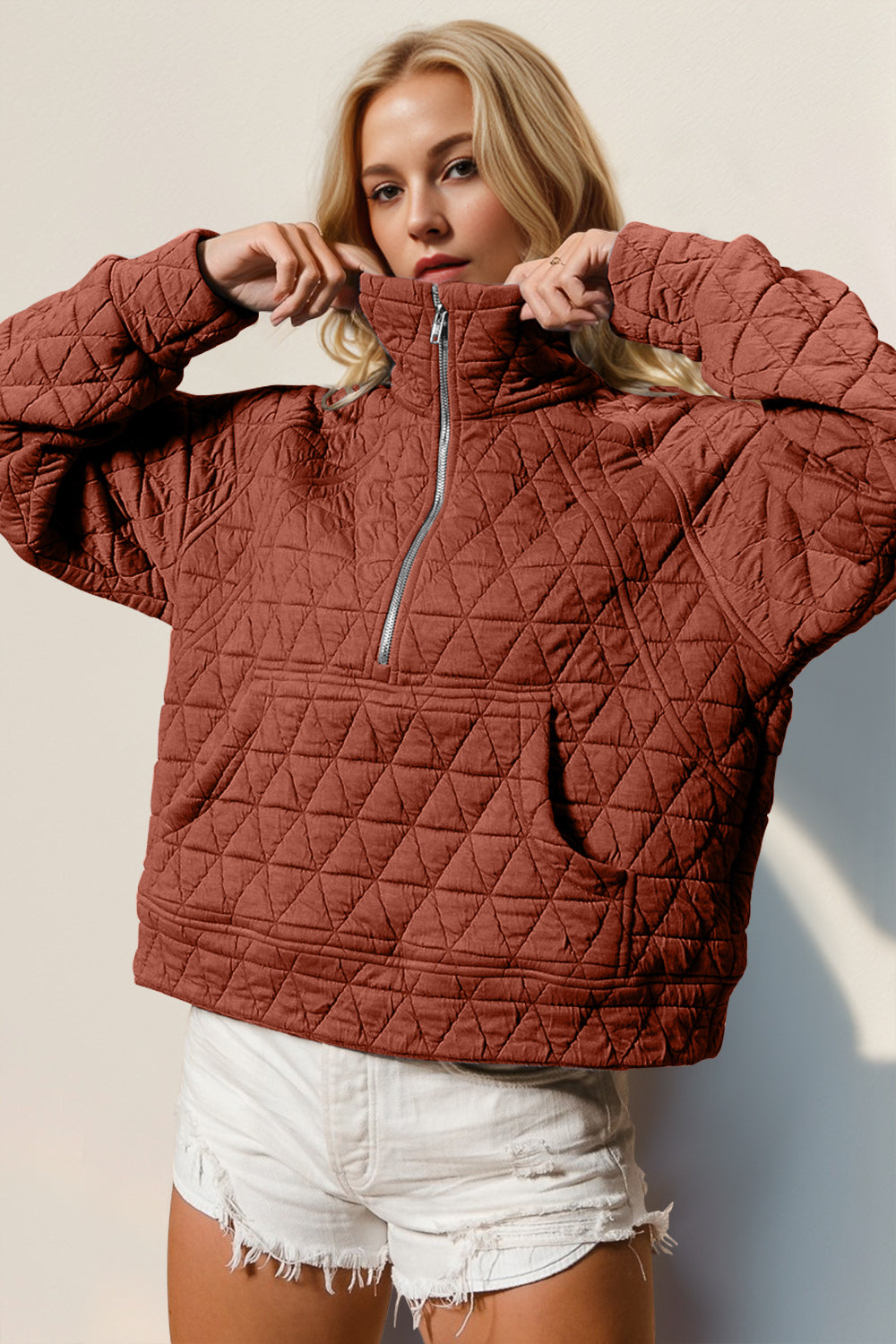 Double Take Half Zip Long Sleeve Quilted Sweatshirt with Pocket - MyEmpired