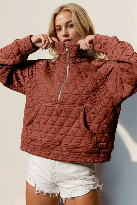 Double Take Half Zip Long Sleeve Quilted Sweatshirt with Pocket - MyEmpired