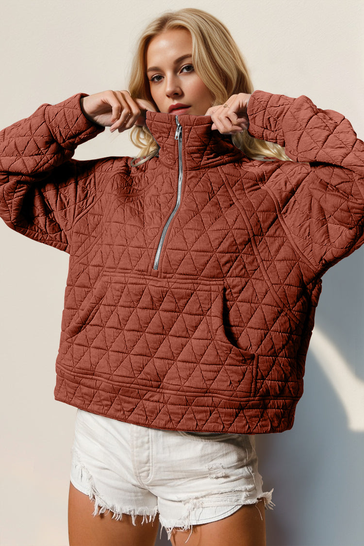 Double Take Half Zip Long Sleeve Quilted Sweatshirt with Pocket - MyEmpired