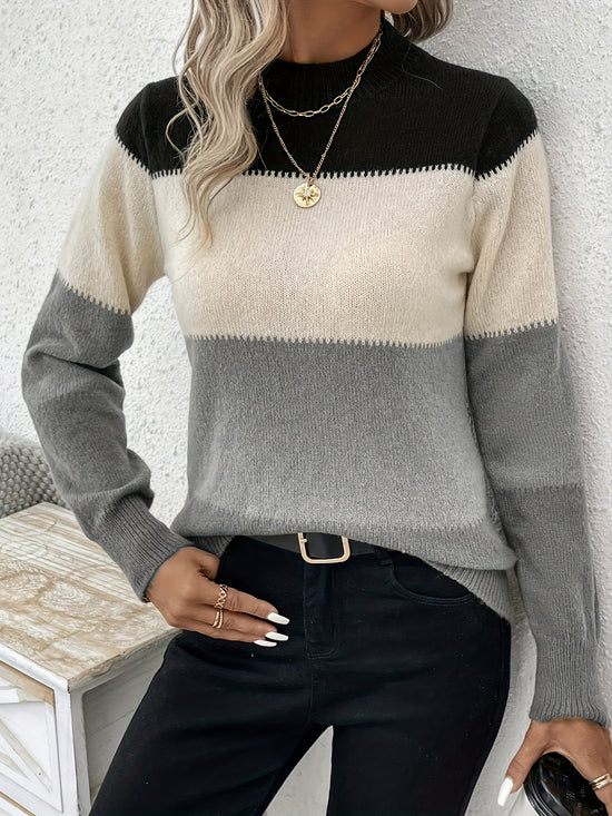 Color Block Mock Neck Pullover Sweater, Casual Long Sleeve Simple Sweater, Women&