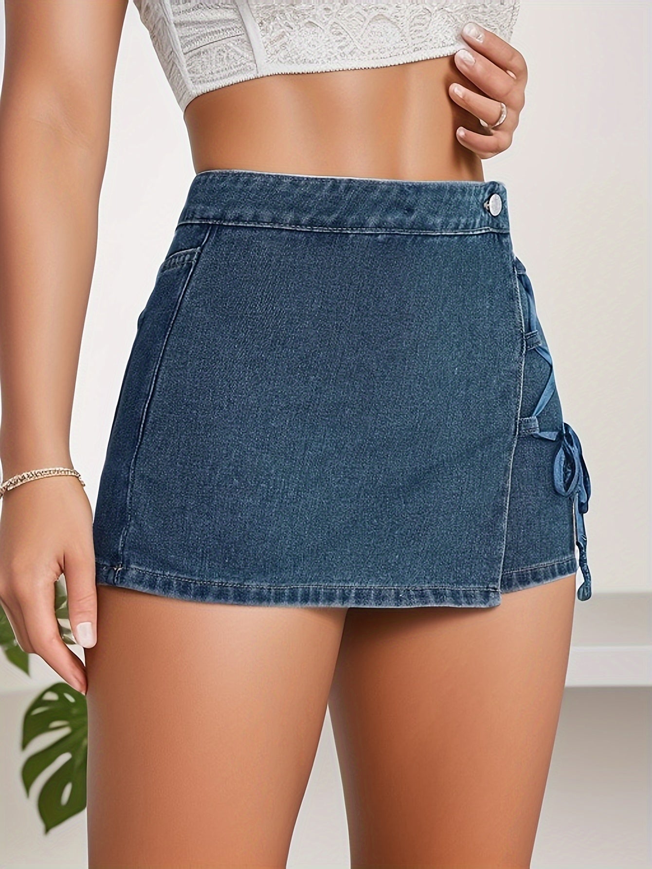 Women's Fashion Denim Shorts, Casual Style, Plain White Lace-up Side, Summer Chic Jean Mini Skirt Skorts