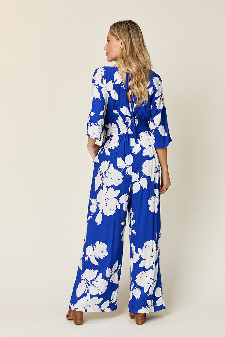 Double Take Full Size Printed Tie Back Wide Leg Jumpsuit - MyEmpired