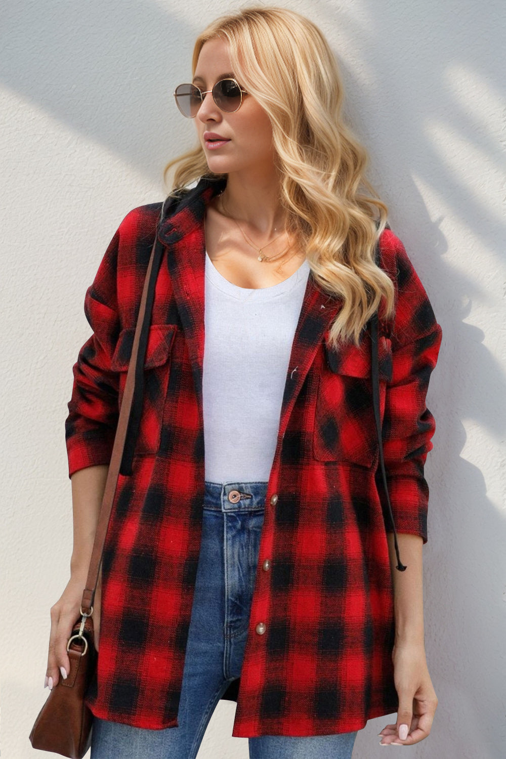 Double Take Drawstring Plaid Long Sleeve Hooded Shacket - MyEmpired