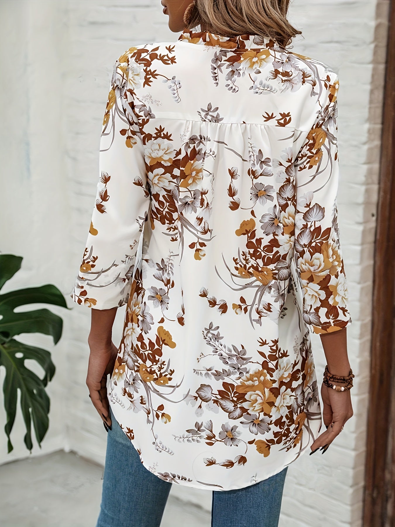 Elegant Floral Print Notched Collar Blouse