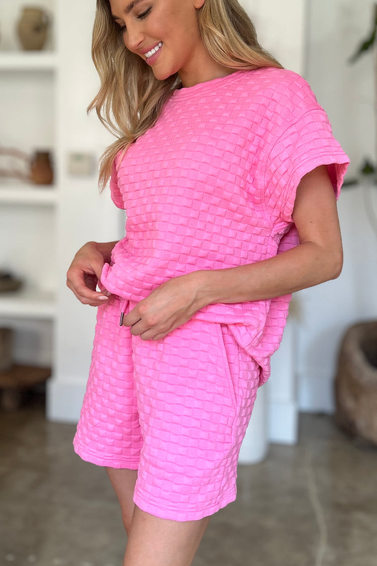 Double Take Full Size Texture T-Shirt and Shorts Set - MyEmpired