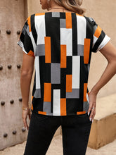 Geo Print Notched Neck Blouse, Elegant Short Sleeve Blouse For Spring & Summer, Women&