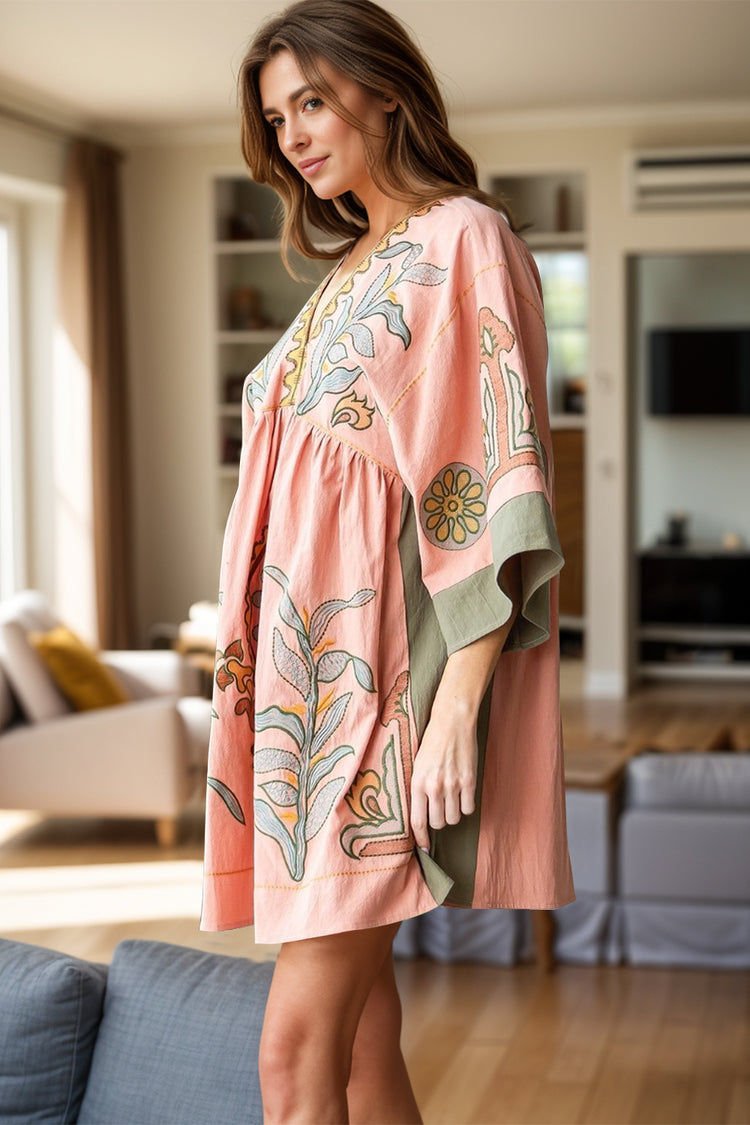 Printed V-Neck Three-Quarter Sleeve Mini Dress - MyEmpired