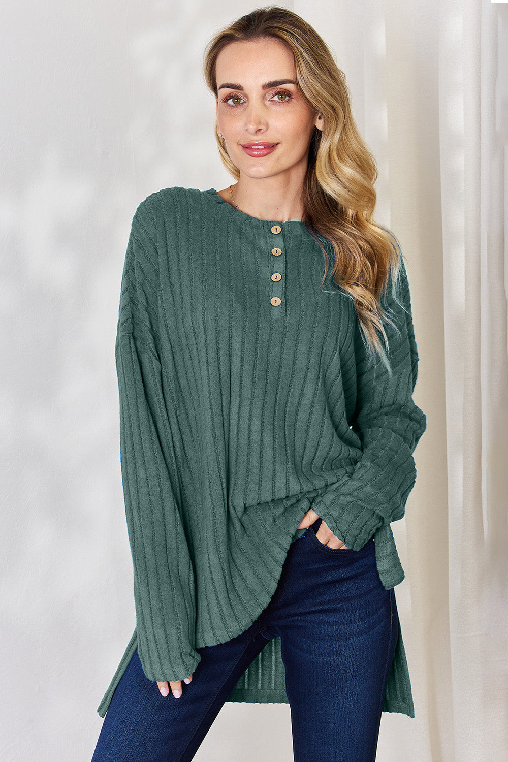 Basic Bae Full Size Ribbed Half Button Long Sleeve High-Low T-Shirt - MyEmpired