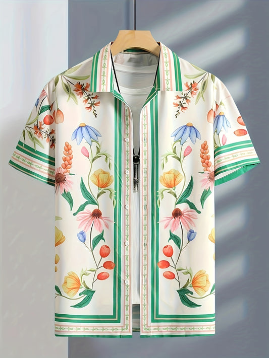 Men's Floral Graphic Pattern And Stripe Print Lapel Shirt With Button Down Placket And Short Sleeve, Fashionable And Chic Tops For Men, Suitable For Summer Leisurewear And Vacation