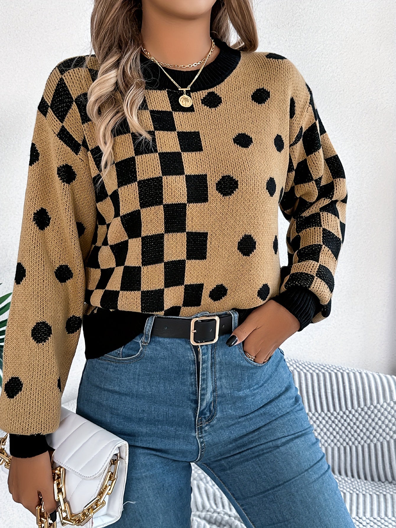 Plaid & Dot Pattern Crew Neck Sweater, Versatile Contrast Trim Lantern Sleeve Sweater For Fall & Winter, Women's Clothing